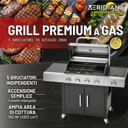 Meridiana Barbecue a Gas Professionale XXL | 5 Fuochi e Piastra in Ghisa - Meridiana