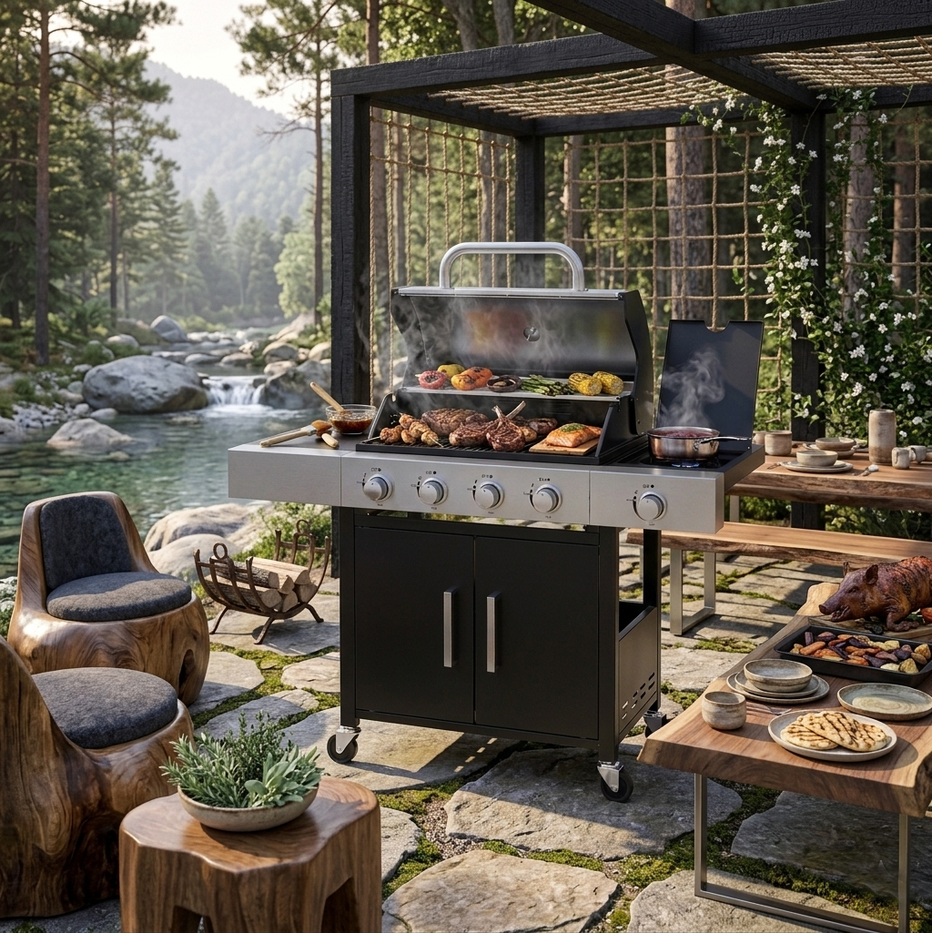 Meridiana Barbecue a Gas Professionale XXL | 5 Fuochi e Piastra in Ghisa - Meridiana