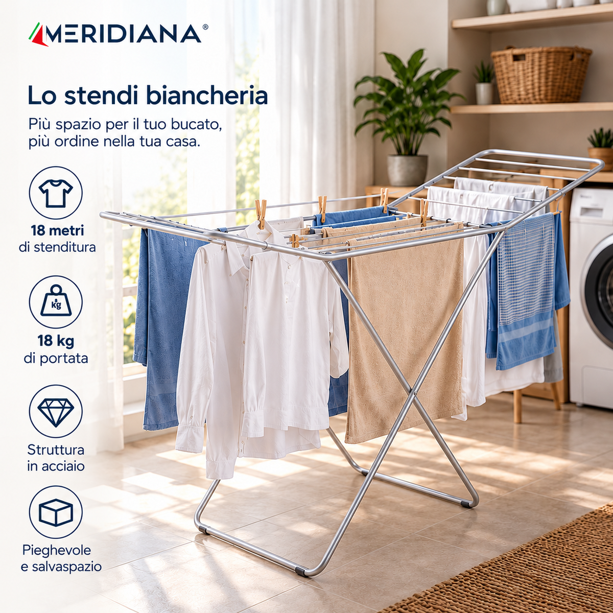 Stendibiancheria Pieghevole in Acciaio 18 m COMODO – Meridiana