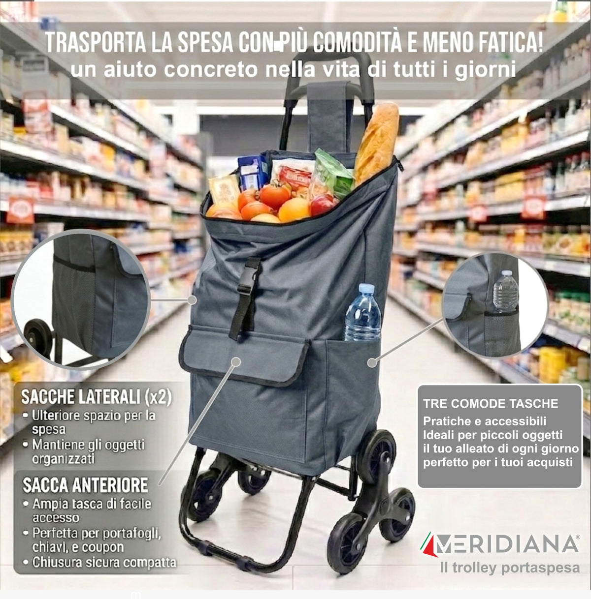Carrello Spesa Pieghevole Saliscale 6 Ruote Carrello con ruote portatutto - Meridiana
