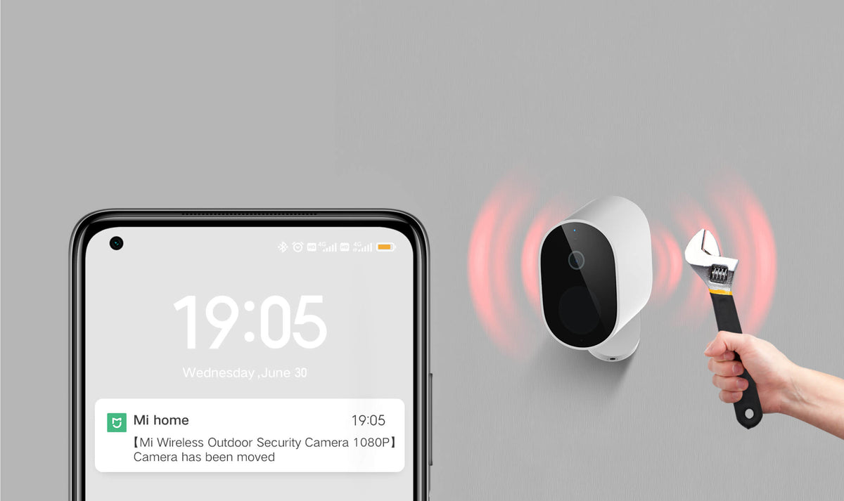 Xiaomi Mi Wireless Outdoor Security Camera 1080p Set con ricevitore – dettaglio del fissaggio e avviso di rimozione