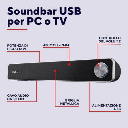 Trust Arys 22946 soundbar per PC 6 W RMS, nera – collegamenti e comandi