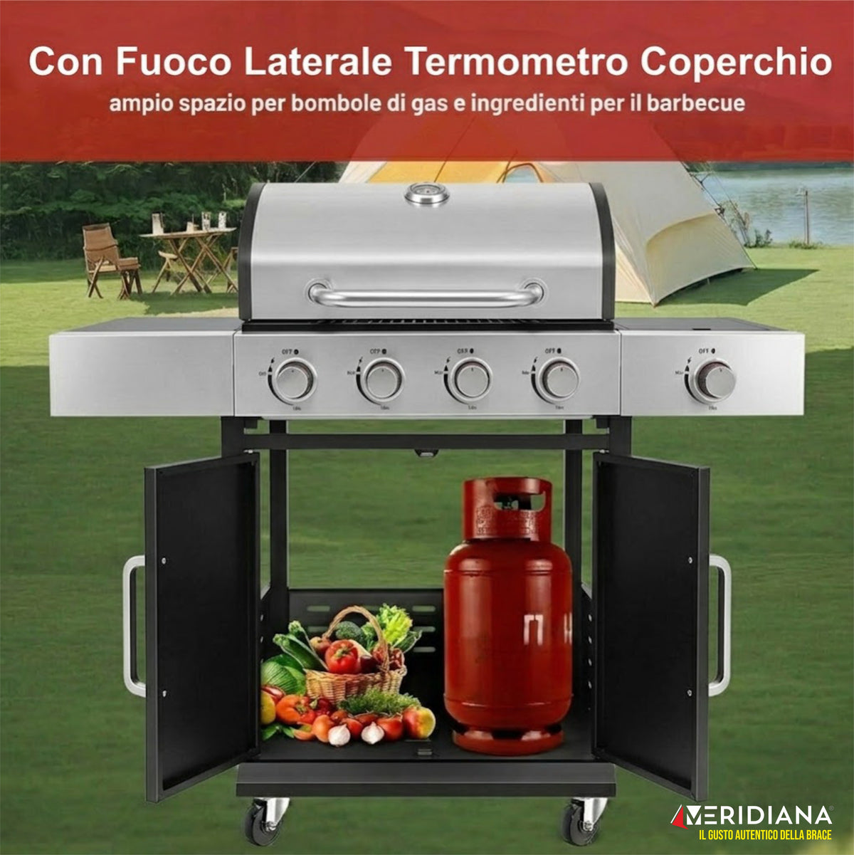 Meridiana Barbecue a Gas Professionale XXL | 5 Fuochi e Piastra in Ghisa - Meridiana