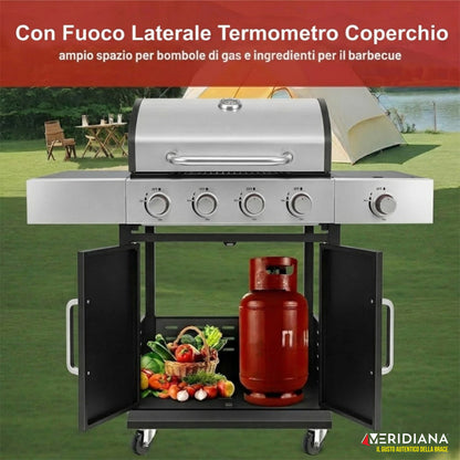 Meridiana Barbecue a Gas Professionale XXL | 5 Fuochi e Piastra in Ghisa - Meridiana
