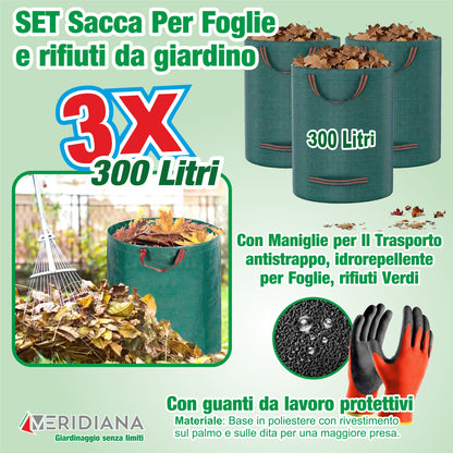 Cura il tuo giardino senza stress con i sacchi giardinaggio resistenti Meridiana. Sacchi per erba tagliata e raccogli foglie auto-reggenti. Guanti regalo!
