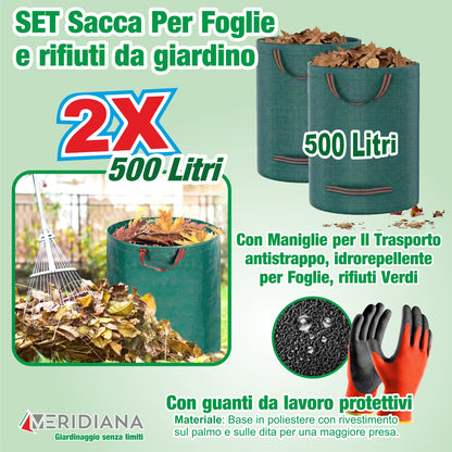 Cura il tuo giardino senza stress con i sacchi giardinaggio resistenti Meridiana. Sacchi per erba tagliata e raccogli foglie auto-reggenti. Guanti regalo!