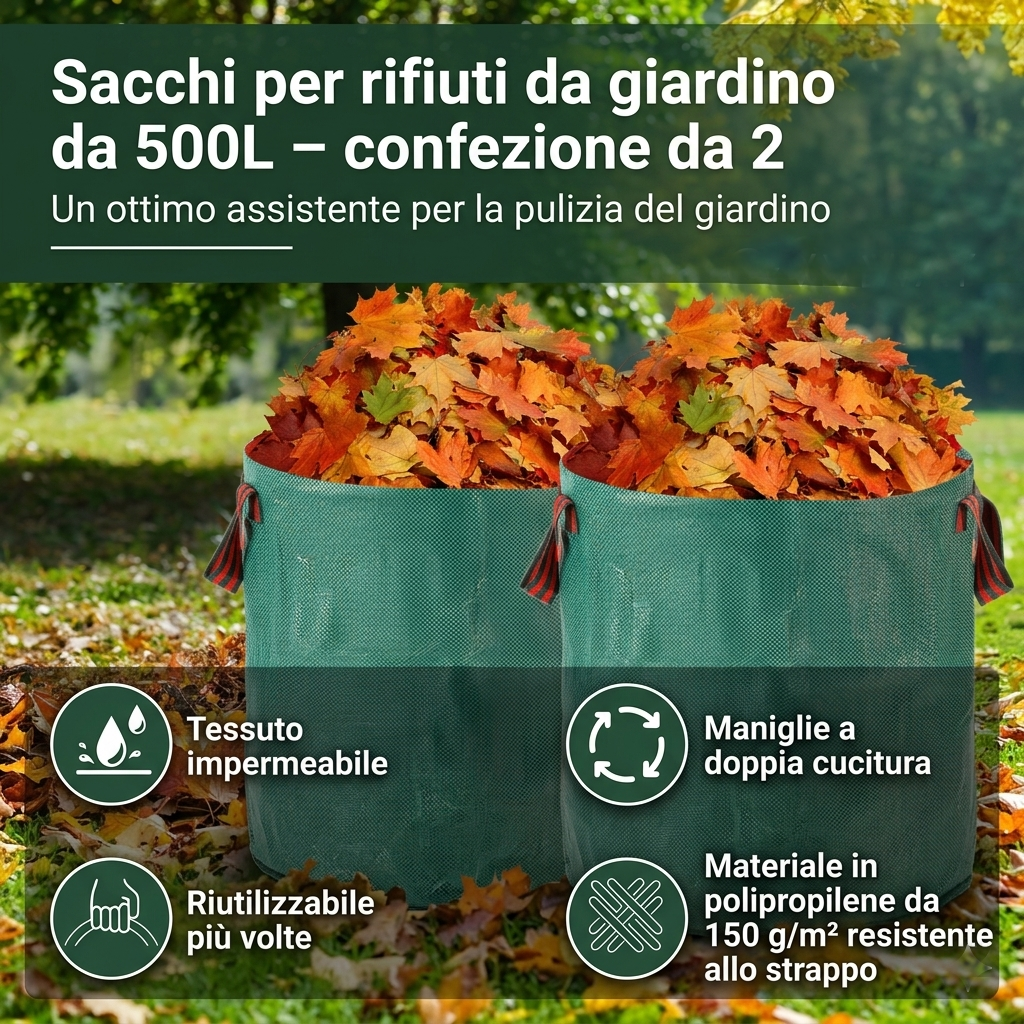 Cura il tuo giardino senza stress con i sacchi giardinaggio resistenti Meridiana. Sacchi per erba tagliata e raccogli foglie auto-reggenti. Guanti regalo!