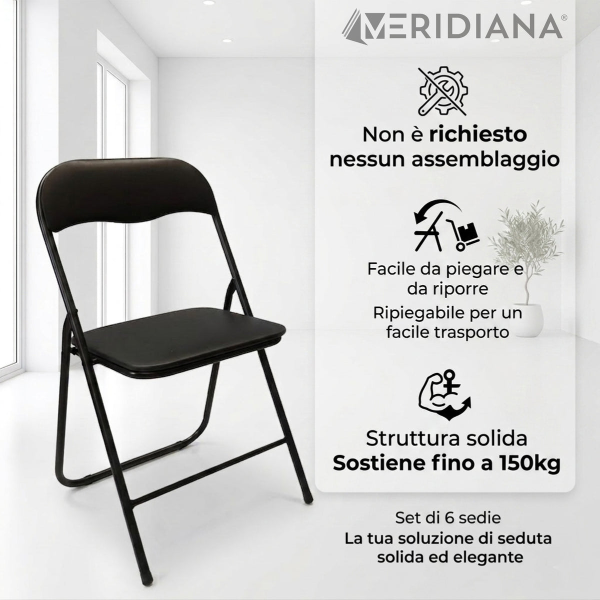 Set 6 sedie Pieghevoli in Metallo con Seduta in Ecopelle - Meridiana