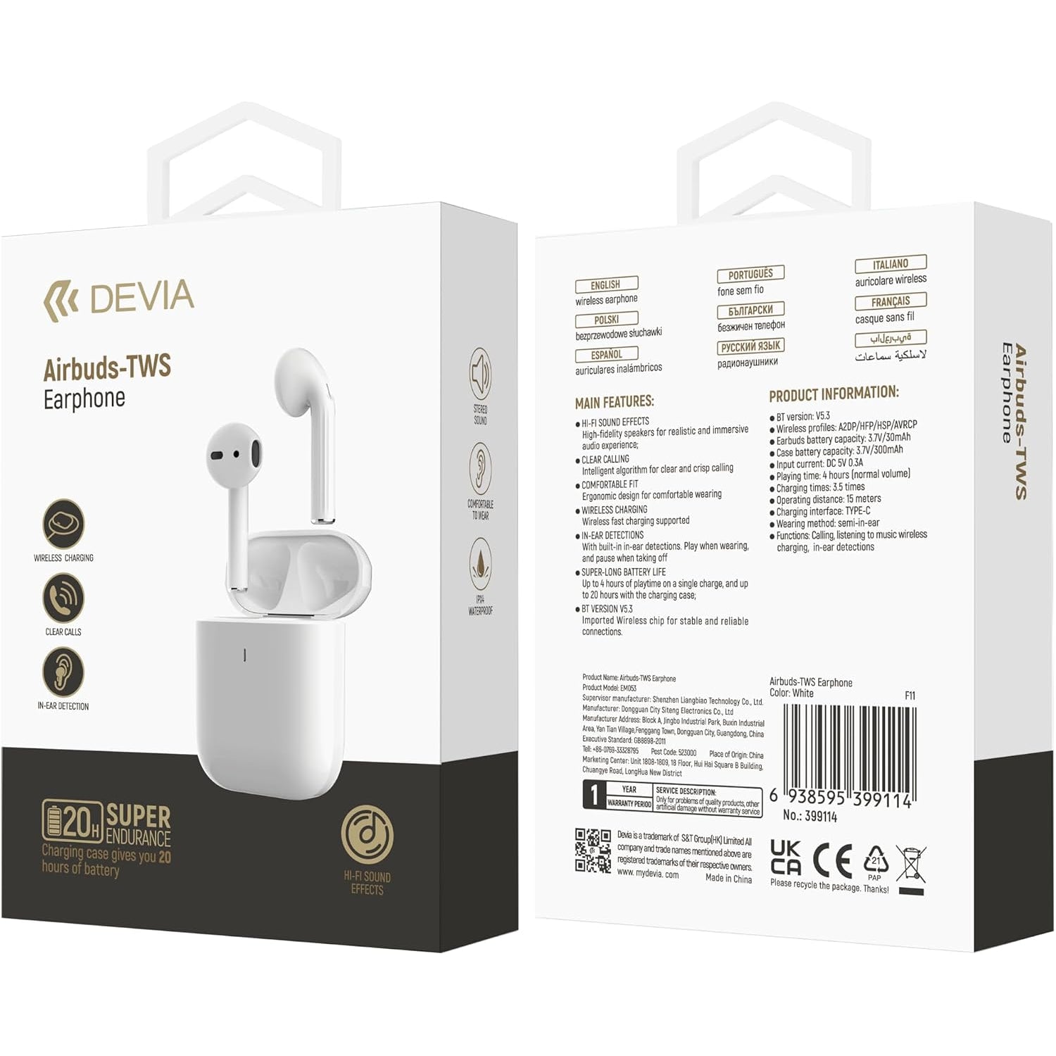 Devia Airbuds-TWS EM053 auricolari bianchi, vista principale