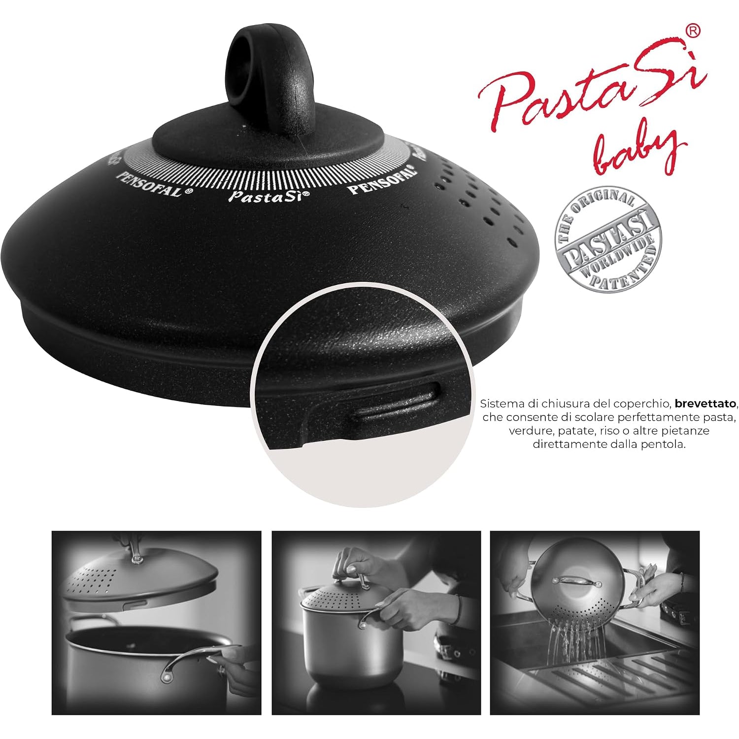Pensofal PastaSì Baby BioStone PEN8531 pentola con coperchio colapasta 16 cm · 1,5 litri · Nero — vista 4