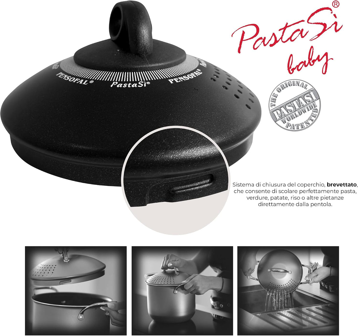 Pensofal PastaSì Baby BioStone PEN8531 pentola con coperchio colapasta 16 cm · 1,5 litri · Nero — vista 4