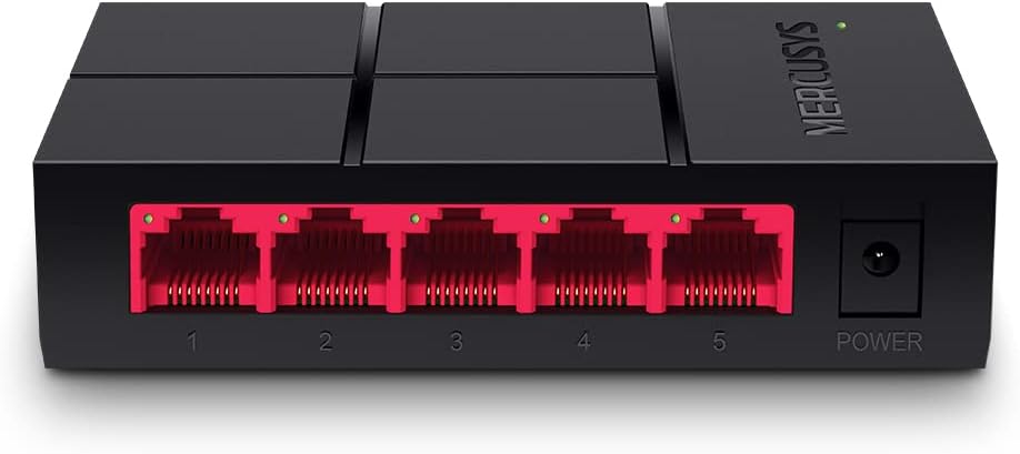 Mercusys MS105G switch Gigabit nero e rosso - Vista principale delle cinque porte