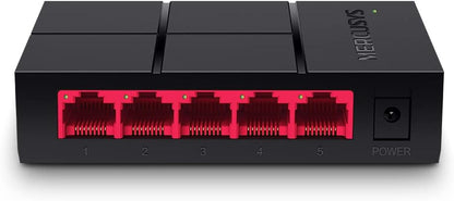 Mercusys MS105G switch Gigabit nero e rosso - Vista principale delle cinque porte