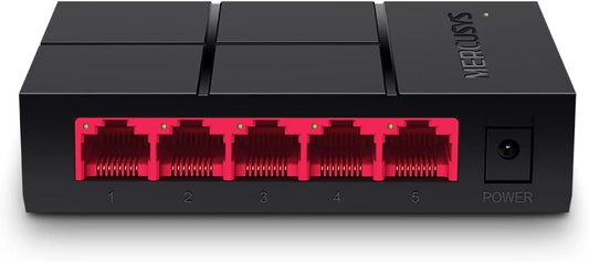 Mercusys MS105G switch Gigabit nero e rosso - Vista principale delle cinque porte