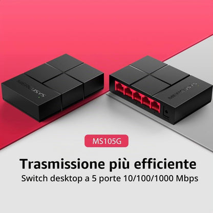 Mercusys MS105G switch Gigabit nero e rosso - Viste frontale e posteriore