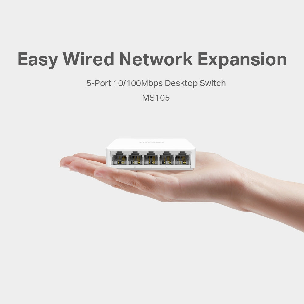 Mercusys MS105 switch Fast Ethernet bianco - Formato compatto in mano