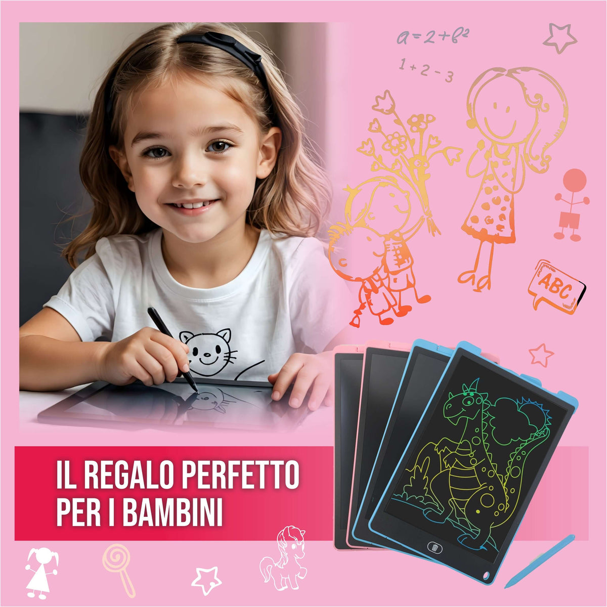 Bambina sorridente che usa la Tavoletta Grafica LCD, il regalo perfetto per i bambini.