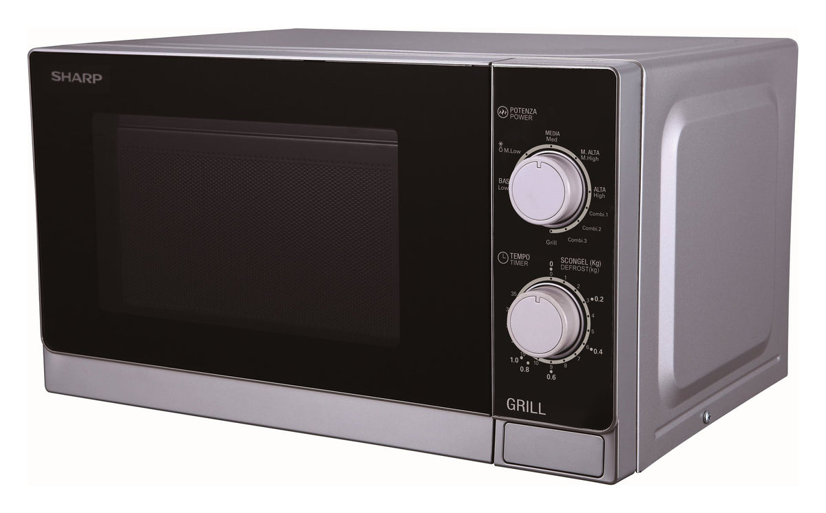Sharp R-600IN argento con porta nera e due manopole, vista frontale laterale