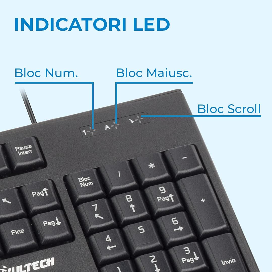 VulTech KM-821 kit tastiera e mouse USB con filo, italiano, nero – dettaglio degli indicatori della tastiera