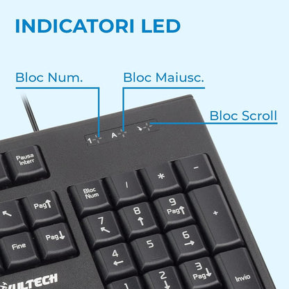 VulTech KM-821 kit tastiera e mouse USB con filo, italiano, nero – dettaglio degli indicatori della tastiera