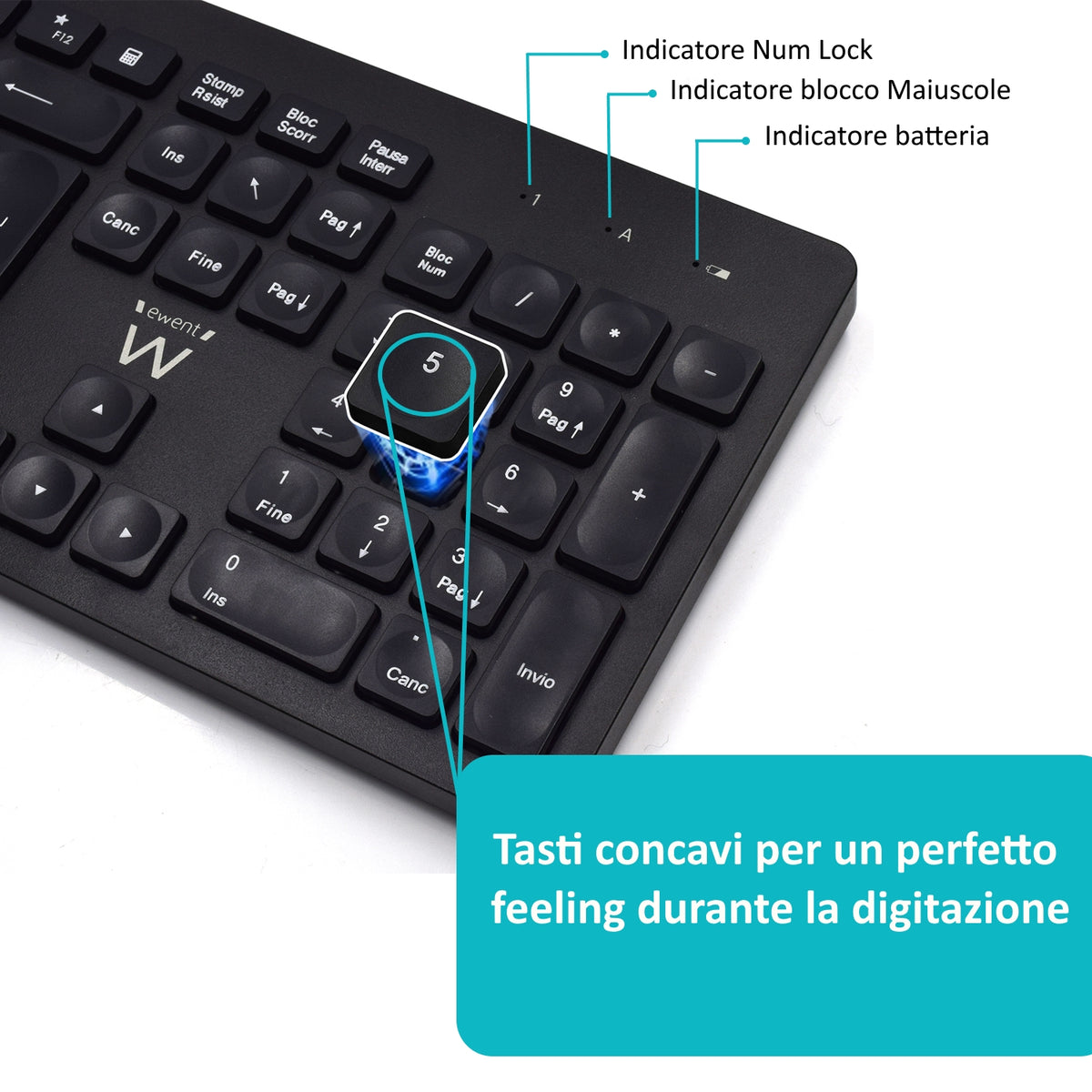Ewent EW3255 kit tastiera e mouse wireless italiano, nero – dettaglio dei tasti concavi