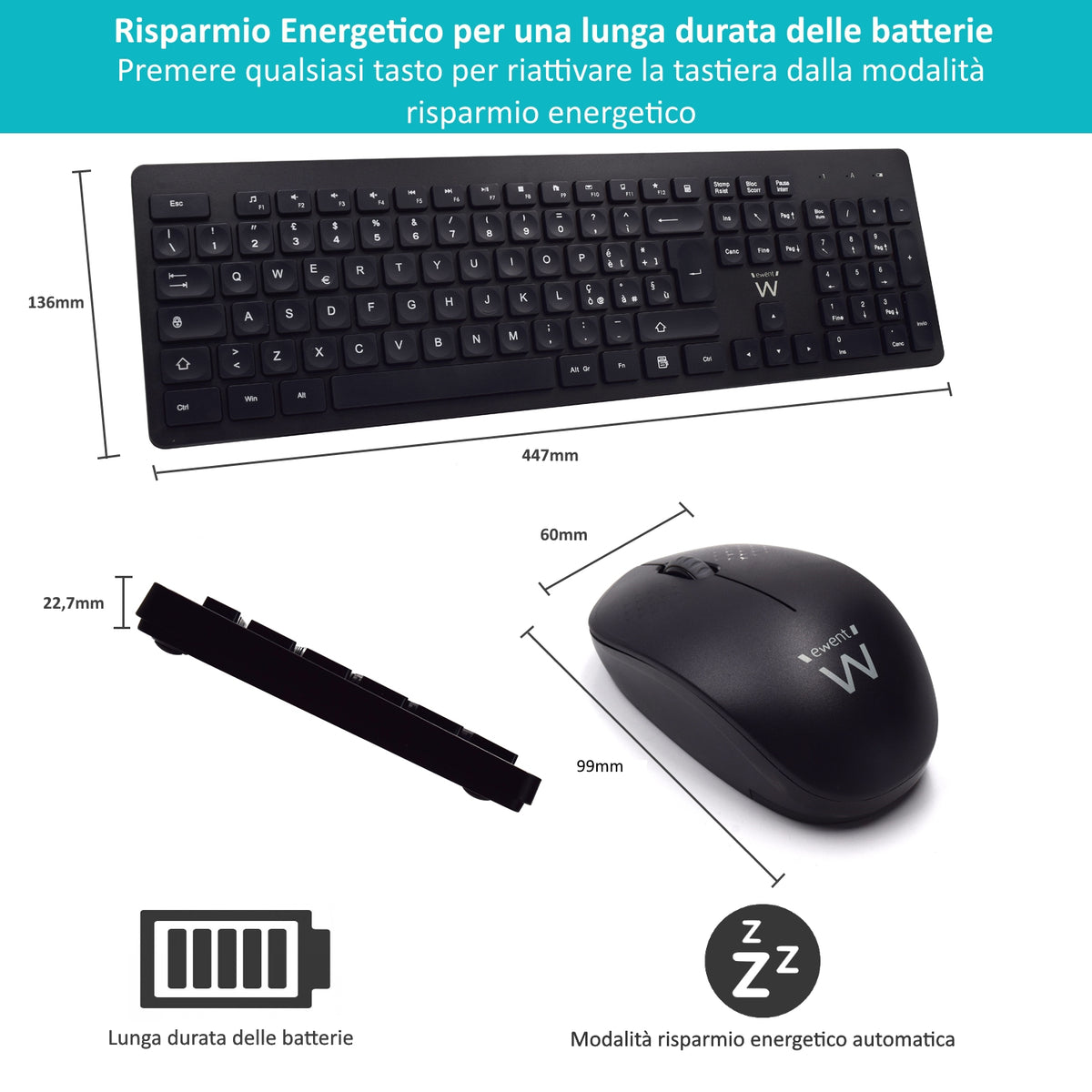 Ewent EW3255 kit tastiera e mouse wireless italiano, nero – dimensioni e risparmio energetico
