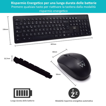 Ewent EW3255 kit tastiera e mouse wireless italiano, nero – dimensioni e risparmio energetico