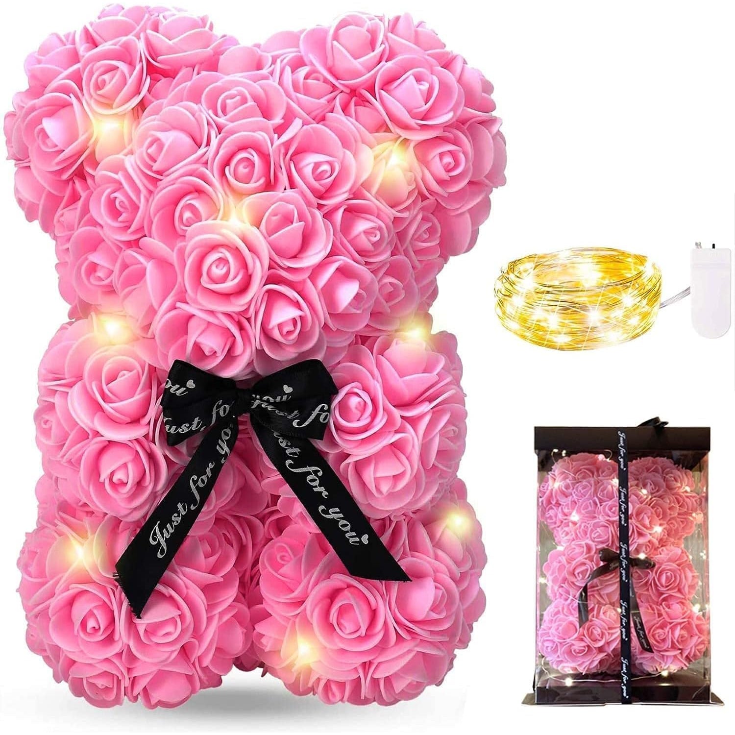 Meridiana Orsetto di rose 25 cm con luci LED e scatola regalo — Rosa