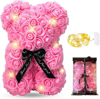 Meridiana Orsetto di rose 25 cm con luci LED e scatola regalo — Rosa