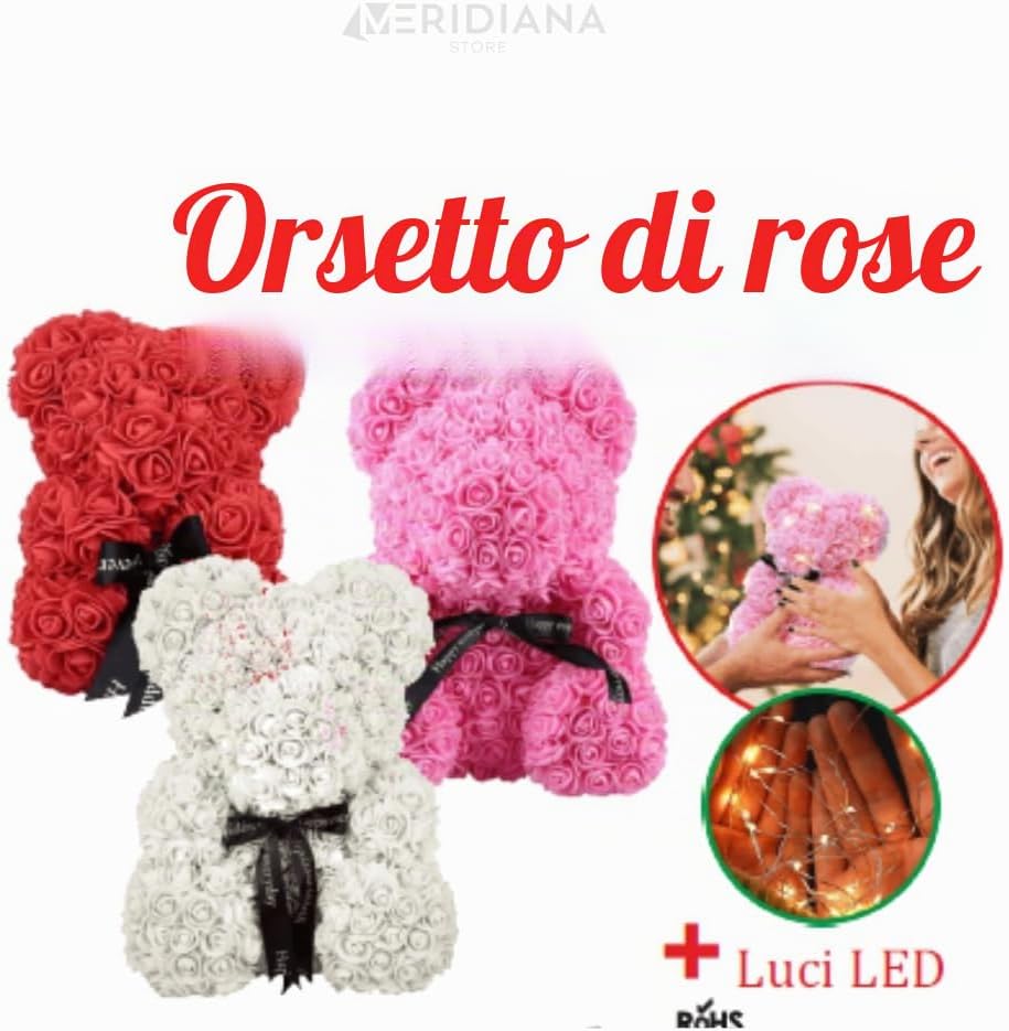 Meridiana Orsetto di rose 25 cm con luci LED e scatola regalo — dettaglio del prodotto