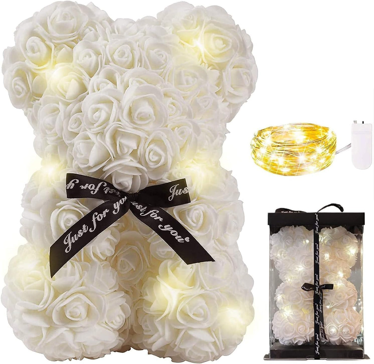 Meridiana Orsetto di rose 25 cm con luci LED e scatola regalo — Bianco