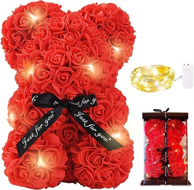 Meridiana Orsetto di rose 25 cm con luci LED e scatola regalo — Rosso