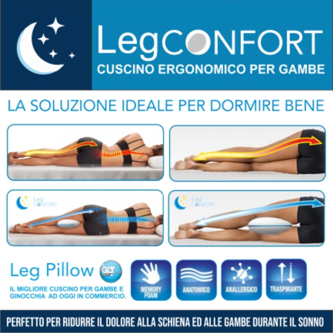Cuscino Meridiana in memory foam per gambe e ginocchia, sfoderabile — foto 4