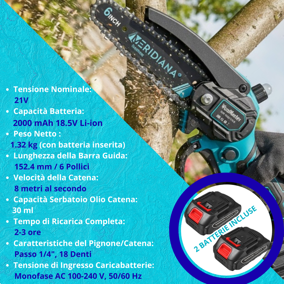 Motosega a batteria Meridiana per lavori di potatura in giardino