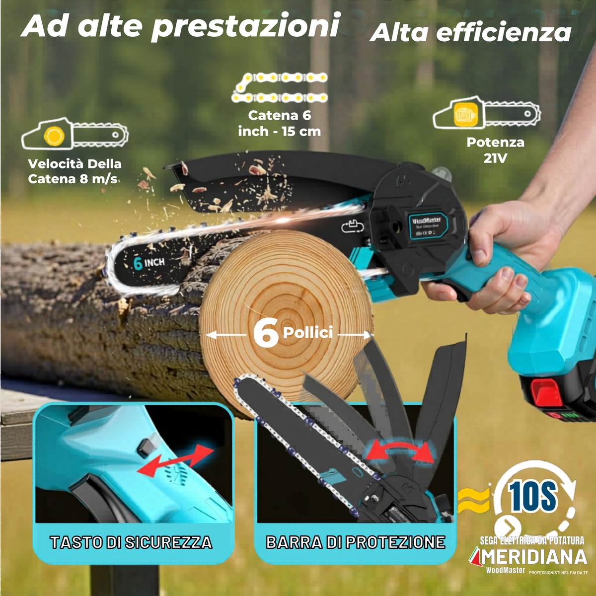 Motosega a batteria Meridiana con oliatore integrato