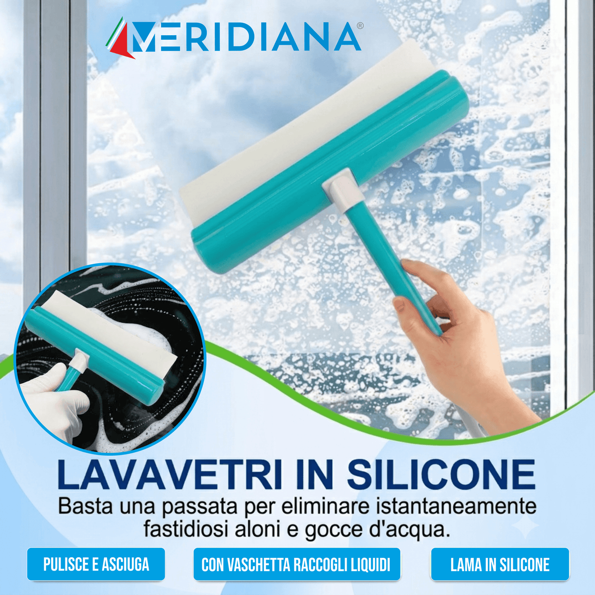 Lavavetro in Silicone Meridiana utilizzo per pulire vetri senza aloni e gocce d'acqua, con lama in silicone.