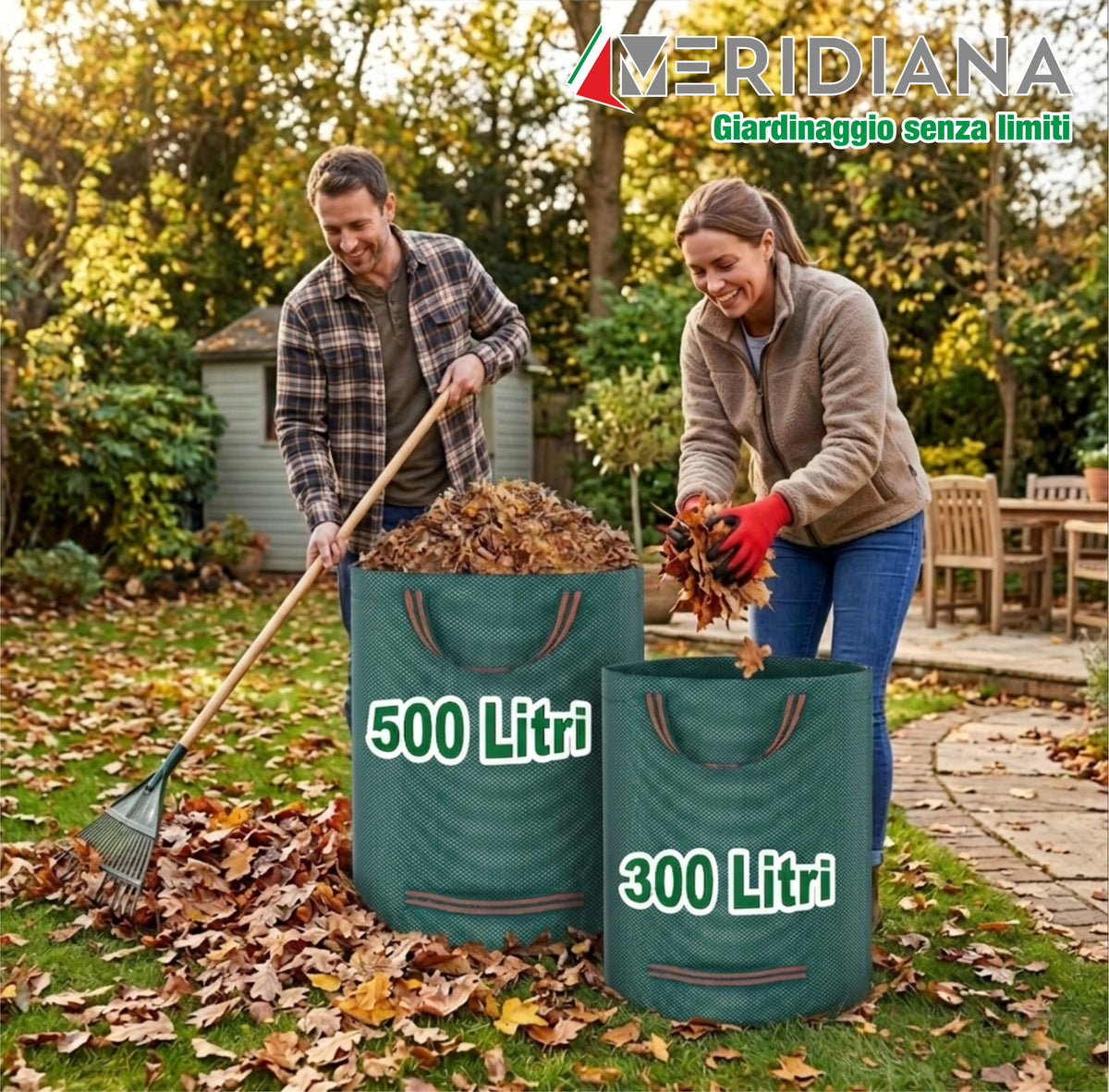 Cura il tuo giardino senza stress con i sacchi giardinaggio resistenti Meridiana. Sacchi per erba tagliata e raccogli foglie auto-reggenti. Guanti regalo!