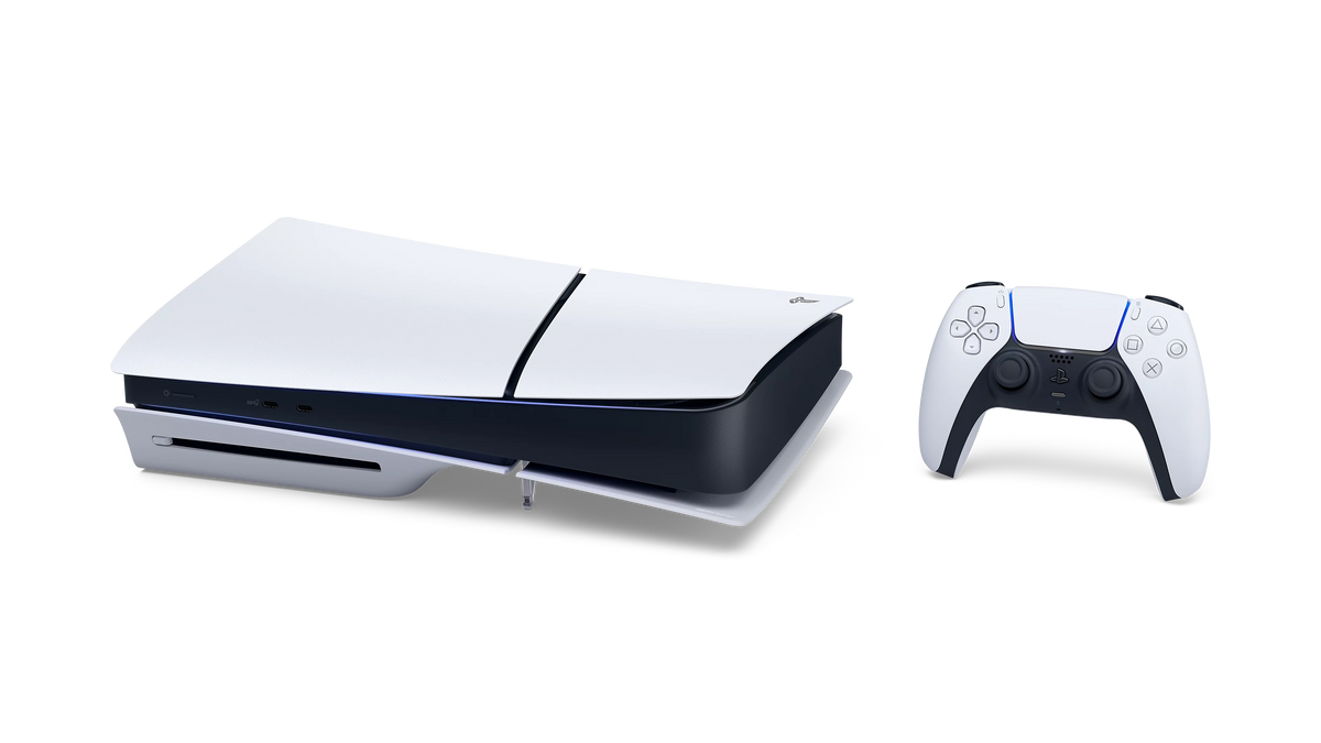 Sony PS5 Slim CFI-2100 con lettore in orizzontale e controller DualSense bianco
