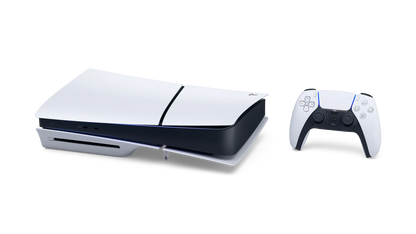 Sony PS5 Slim CFI-2100 con lettore in orizzontale e controller DualSense bianco