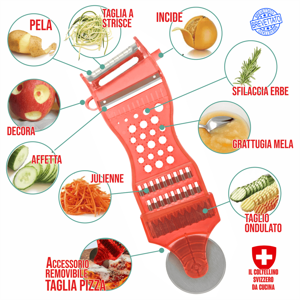 Meridiana affetta verdure 8 in 1 | Pelapatate Multifunzione con Taglia Pizza - Meridiana