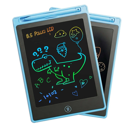 Tavoletta grafica LCD da 8 pollici con disegni colorati su sfondo nero, ideale per scrivere e disegnare senza carta.