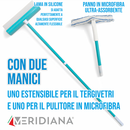 Lavavetro Silicone SMART Meridiana con due manici, lama in silicone flessibile e panno in microfibra ultra-assorbente.